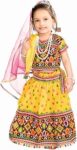 Storio Little Radha Dress Set with Lehenga, Choli, Dupatta, Gajra, Mang Tika, and Kan Kundal, Brocade Fabric Janmashtami Mythological Character Costume, Traditional Fancy Dress