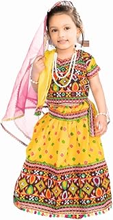 Storio Little Radha Dress Set with Lehenga, Choli, Dupatta, Gajra, Mang Tika, and Kan Kundal, Brocade Fabric Janmashtami Mythological Character Costume, Traditional Fancy Dress