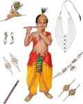Kaku Fancy Dresses Silk,Polyester Krishna Costume For Kids Infant Baby Krishna Dress For Boys (Set Of 11 - Red Dhoti,Patka(Stole),Belt,Mukut,Layer Pearl Mala,Moti Bajuband,Earrings,Bansuri&Morpankh)