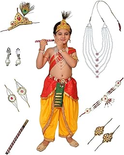 Kaku Fancy Dresses Silk,Polyester Krishna Costume For Kids Infant Baby Krishna Dress For Boys (Set Of 11 - Red Dhoti,Patka(Stole),Belt,Mukut,Layer Pearl Mala,Moti Bajuband,Earrings,Bansuri&Morpankh)