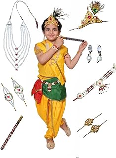 Kaku Fancy Dresses Polyester Krishna Costume For Kids|Kids Krishna Dress For Janmashtami/Kanha/Krishnaleela/Mythological Character Krishna Fancy Dress Costume For Boys/Girls - Yellow (2-3 Years)