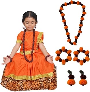SHIV VESH BHUSHA Sita Mata Vanwasi Costume for Kids | Readymade Saffron Saree with Rudraksh Mala & Accessories