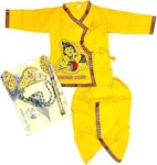 PK HUB Kids Cotton Yellow Krishna Style Kurta & Dhoti Dress (Pack Of 5-Kurta,Dhoti,Bansuri,Mukut,Patka)