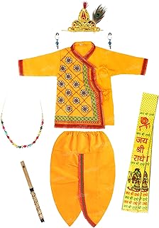 Zest 4 Toyz Krishna Costume for Kids Baby Krishna Dress for Janmashtami Bal Krishna Costume Set - Kurta Dhoti Patka Kundal Morpankh Mukut Mala Bansuri - Yellow(Age 0 Months to 3 Years)