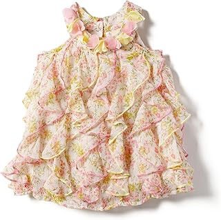 nauti nati Girls White Pink Printed A-Line Dress with Ruffle Detail