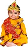 Malvina Prime Boys and Girls Dhoti Kurta Krishna Kids Costume Ethnic Wear Dress (Pack of 5 - Kurta, Dhoti, Bansuri, Mor Pankh Mukut, Bandhni Patka)(Yellow)