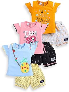 Girls Cotton Top and Shorts Set – Pack of 3 Stylish Summer Co-Ord Outfits for Kids, Soft Printed T-Shirt & Shorts Combo (Multicolor)