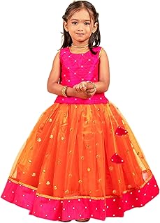 Girls Orange & Magenta Mirror Work Flared Net Sleeveless Lehenga Choli Set Pattupavadai for Girls