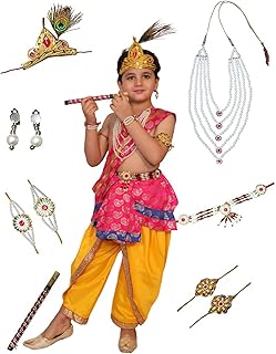 Kaku Fancy Dresses Silk,Polyester Krishna Costume For Kids Infant Baby Krishna Dress For Boys (Set Of 11 - Magenta Dhoti,Patka(Stole),Belt,Mukut,5 Layer Pearl Mala,Bajuband,Earrings,Bansuri&Morpankh)