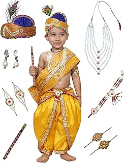 Kaku Fancy Dresses Krishna Costume for Kids Infant Baby Krishna Dress for Boys (Yellow Dhoti, Patka(Stole), Belt, Fabric Mukut, Layer Pearl Mala, Bajuband, Earrings, Bansuri & Morpankh)