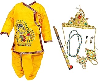 PK HUB Krishna Dress for Kids – Janmashtami Costume Set of 8 Items | Yellow Cotton Dhoti Kurta, Mukut, Mala, Earrings, Bajuband, Kamarband & Murli | Comfortable Traditional Outfit