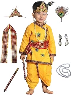 Kaku Fancy Dresses Cotton Krishna Costume For Kids|Kids Krishna Dress For Janmashtami/Kanha/Krishnaleela/Mythological Character Krishna Fancy Dress Costume For Boys/Girls - Yellow (1 Years)