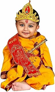 Keshuyoka janmastm krishna baby boy baby girls Cotton Dhoti Kurta Costume Ethnic Wear Dress (Pack of 5-Kurta, Dhoti, Bansuri, Mor Pankh Mukut, Bandhni Patka)