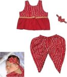 The Root And Craft Kids Birthday Photoshoot Outfit Dress Girls Bandhani printed Top With Dhoti pant & Hairband Born Baby Photography Photoshoot Props(0to 18 Month)