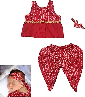 The Root And Craft Kids Birthday Photoshoot Outfit Dress Girls Bandhani printed Top With Dhoti pant & Hairband Born Baby Photography Photoshoot Props(0to 18 Month)