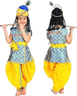 Shree Krishna Dress for Baby Boy & Radha Dress for Girls | Janamashtami Dress | Fancy Dress Costume with Accessories Dhoti, Dupatta, Mukut Flute Complete set, Ethnic wear
