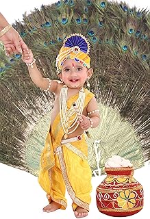 Raj Fancy Dresses Shri Krishna Dress for Baby Boy & Girl, Janmashtmi Dress with Diaper-friendly Dhoti & Dupatta, Mor Pankh Mukut